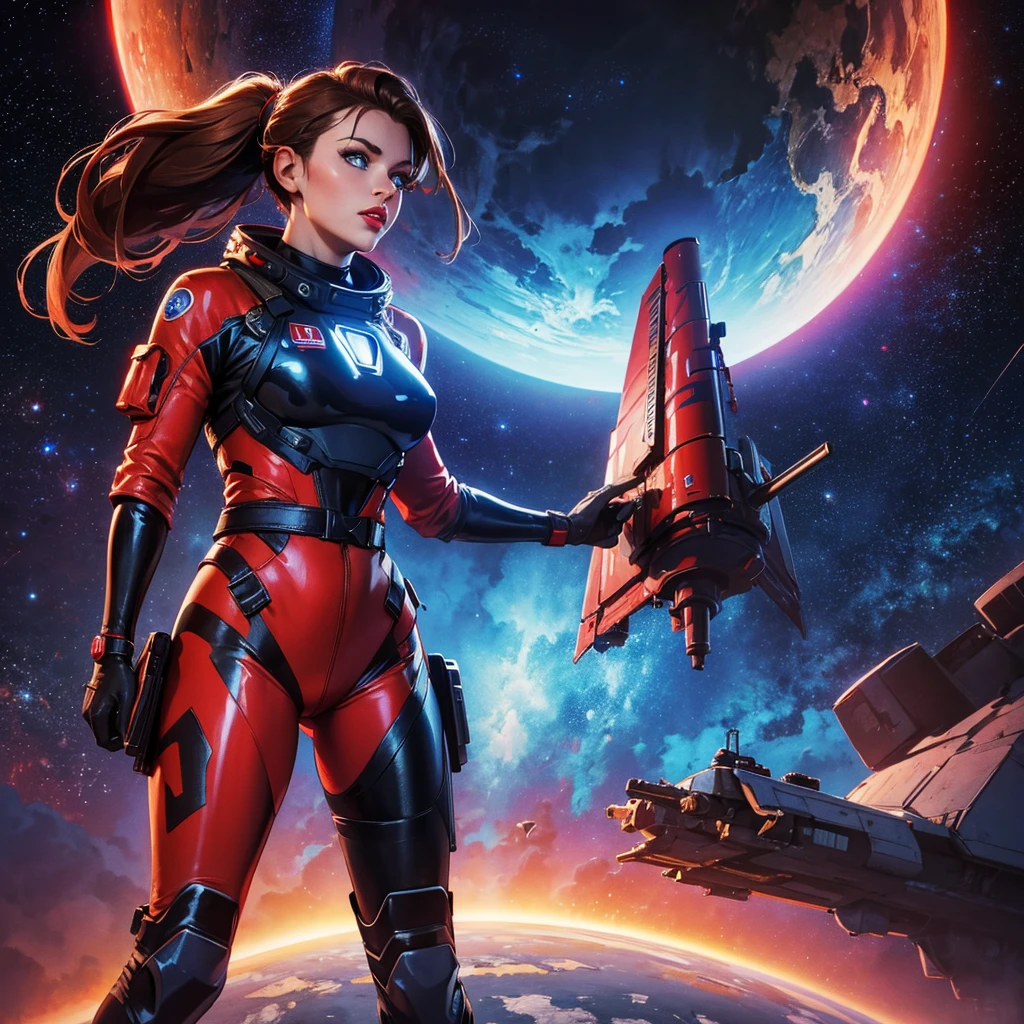 Angelina Jolie (age 25, giga busty, huge breasts, sexy violet clear plastic space suit, thruster pack, bubble dome, big laser rifle) is a scout in an asteroid field, attacked by fembots of the opposing faction (silver and red color scheme)
