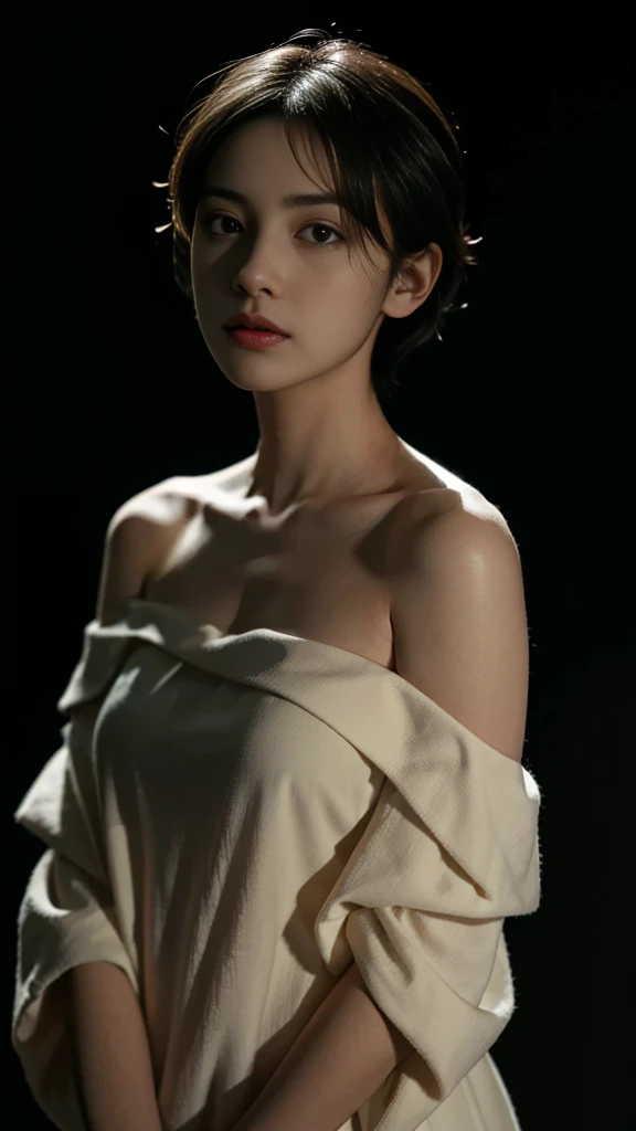 top-quality、​masterpiece、超A high resolution、(Photorealsitic:1.5)、Raw foto、1girl in、murky、deep-shadows、Unobtrusive、cold light、sexy appearance、shorth hair、((very_short_hair)), naked portrait, nude photography, shiny nipple 