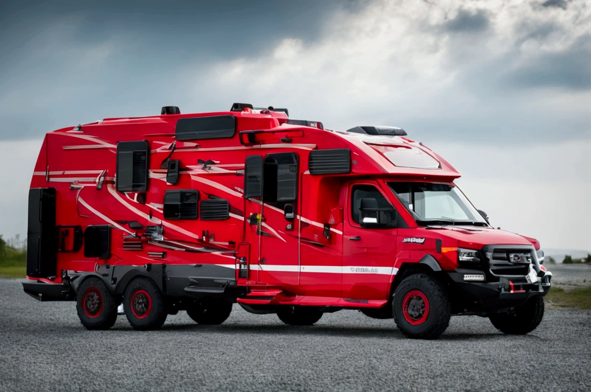 a lone future survivor rv, motorhome, highly detailed photographic image, vivid colors, red, green, blue, yellow, intense contrast, cinematic depth of field, masterfully composed, cinematic camera angle, quiet setting, wet floor, rain, photorealistic, 8k, studio lighting, physically-based rendering, extreme detail description, dramatic lighting, moody atmosphere, cinematic composition, environmental portrait