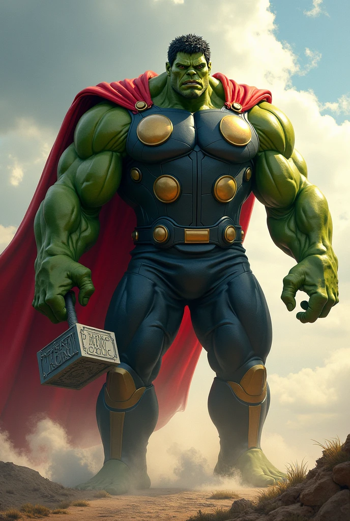 Hulk wearing Iron Man suit holding Thor&#39;s hammer with bunny slippers
