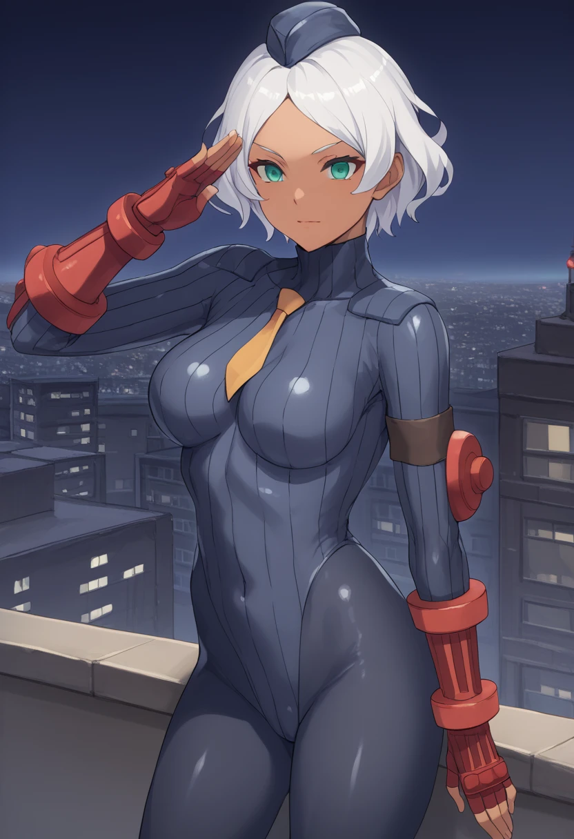 Secelia Dote, dark skin, dark-skinned female, green eyes, short hair, white hair,Street Fighter、Doll Suit、Shadaloo Doll、Doll Suit、Viewers Watch、Red gloves、黒latex、corruption、Mind control、Female Fighter、whole body、whole bodyスーツ、ribbed bodysuit、、tie、belt、latex、ribbed bodysuit、Knee socks、ガーターbelt、Awakening、Perfect female body、極艶latex,、Expressionless、Hollow Eyes、Emotionless、黒latex、corruption、Mind control、Female Fighter、whole body、Hypnotized、Unfortunate trance、、Stand in an upright and immobile position,,Are standing、salute, Outdoor, rooftop, Cityscape, building, handrail, night,