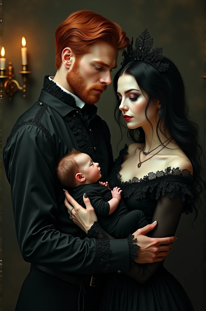 Create a gothic family portrait of a purple haired woman and a long black haired man, holding two blonde baby boys