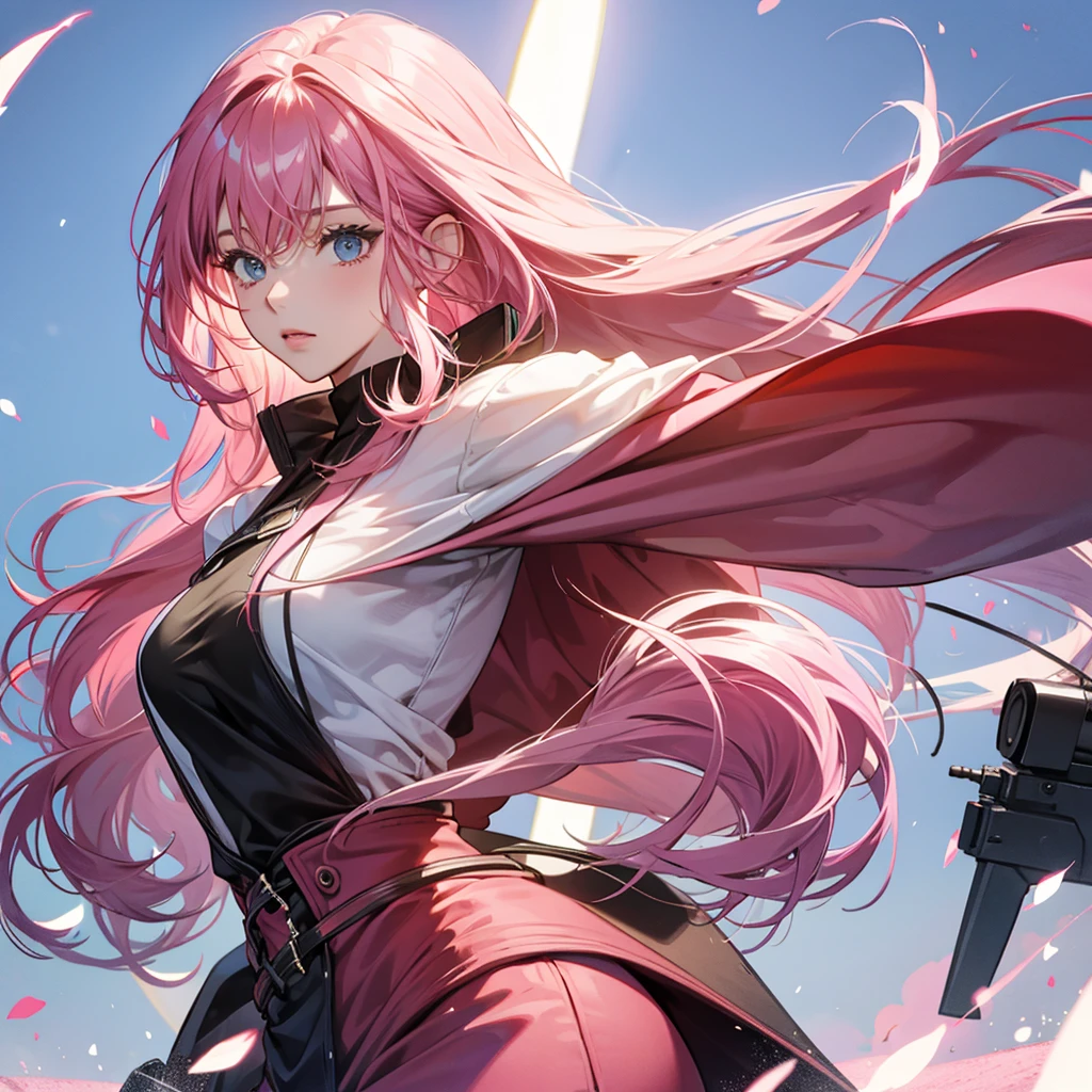 1girl, (18 years old), long hair, pink hair, hime cut, long sleeves, red shirt, pectoral fin cleavage, male focus, black pants, slender red eyes, ring, cute, spin of fire, aura, magic, sparkle, outdoor magic star, highlights, sky clouds, (wide image: 1.2) ,