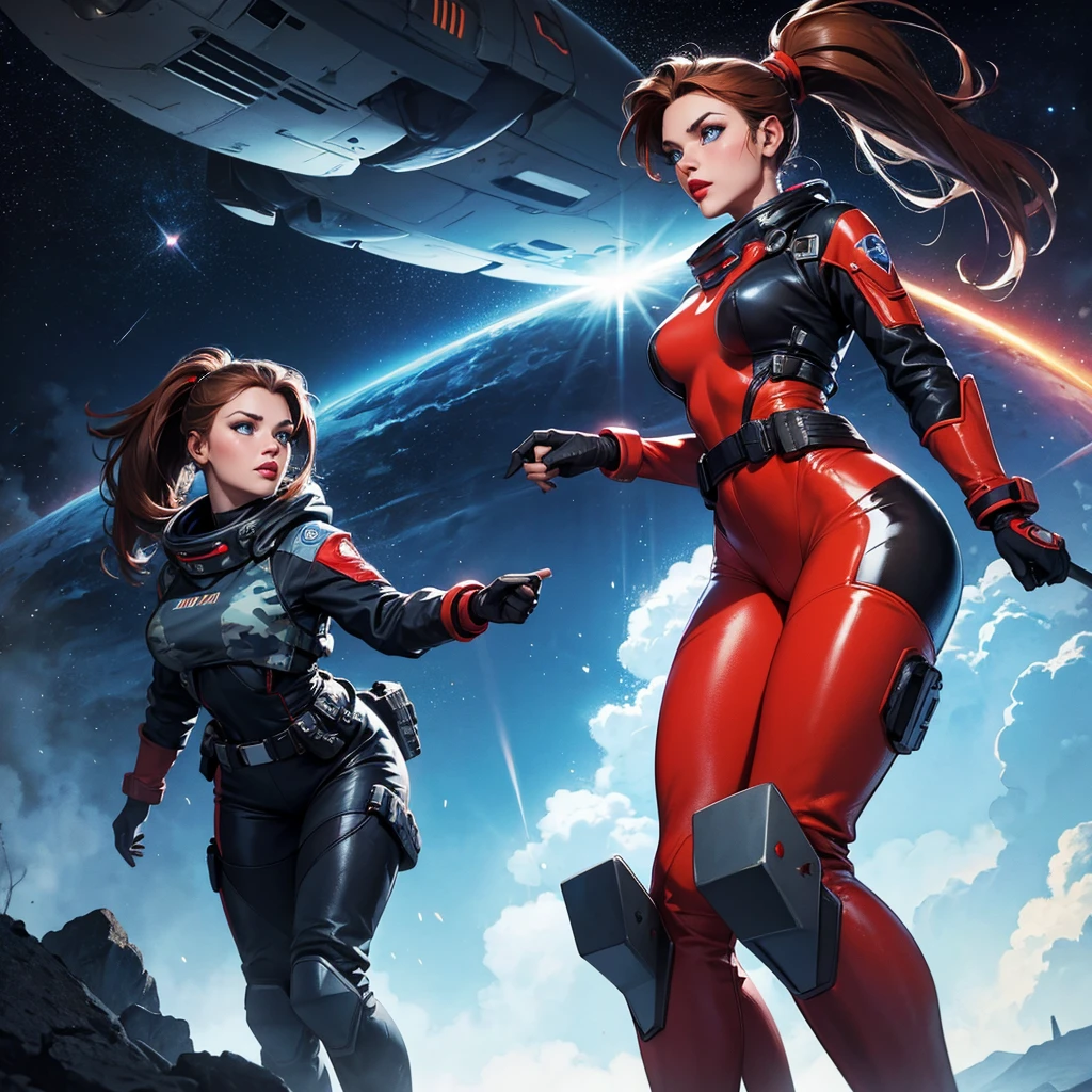 (best quality:1.2), 1woman, full body and legs showing, correct anatomy, correct eyes, spacesuit, glass helmet, (correct drawn face)++, black and red two-toned hair, retro wavy hairstyle, <lora:Muf:0.8> MUF, thin outline, epic space scenery, 2d art,<lora:furthermoreV9:0.8>, correct drawn fingers, <lora:zoom_slider_v1:-1>, vintage art, illustration, 1930, art deco style, retrofuturism, <lora:spacecraft:0.8> spacecraft, concept art, science fiction <lora:spacesuit3:0.4> spacesuit,