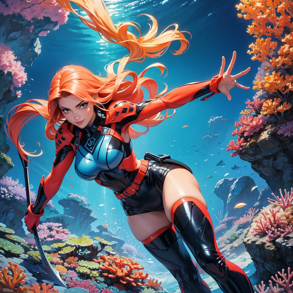 Highest quality,Highest Resolution,Beautiful girl scuba diving in the deep sea,High leg,Beautiful coral,