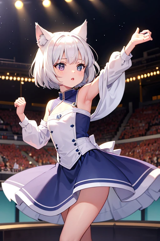 a woman wearing a white dress with blue details, Japanese idol dress, short skirt, gold details on the dress, long white hair, golden rose in her hair, on an idol music stage, blue and white lights, lighting, faint blue eyes,HDR, ultra resolution, well defined, masterpiece, 8K HD (woman solo )