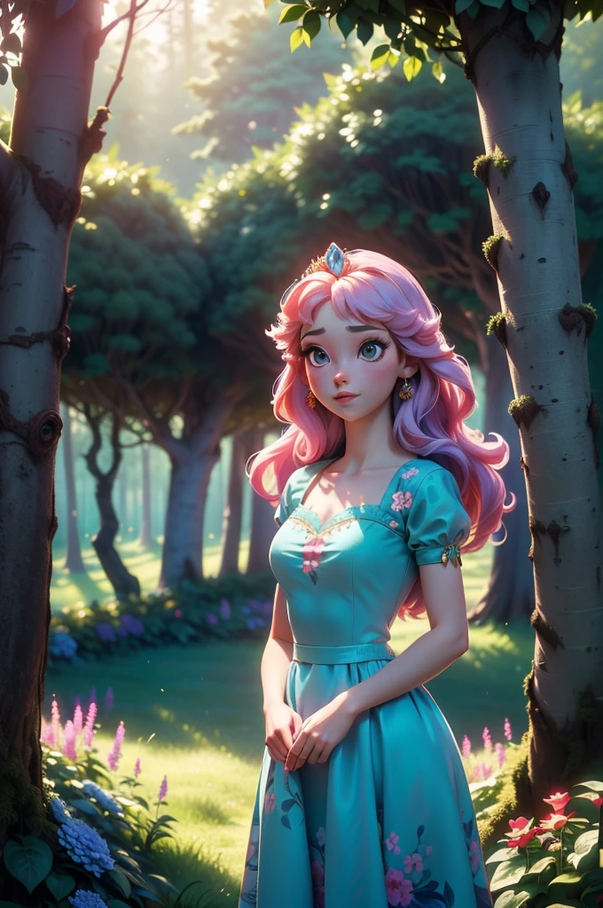 (masterpiece) 16K high resolution, (dynamic pose), ((forced perspective):1.2(, capturing details clearly. Studio Ghibli-style scene, with a fusion of anime art style, whimsy, and impressionism. A dazzlingly beautiful princess is enchanted by the lush forest, her flowing hair in pastel tones. Her face shows a mix of curiosity and wonder. She wears an elegant, flowing celestial blue dress adorned with intricate patterns. The setting is a lush and vibrant fantasy forest. In the foreground are colorful flowers, while the middle of the shot features fruits on tall trees and leaves illuminated by the sun, creating a soft and ethereal glow. The scene is composed in a medium shot with a low-angle view, emphasizing the majesty of the princess as she admires the forest, making her appear larger-than-life. The subtle tilt of the camera adds cinematic charm, while the soft natural light filtered through the trees enhances the beauty of the princess and the magical atmosphere of the forest. A princess admiring in a fantasy forest.