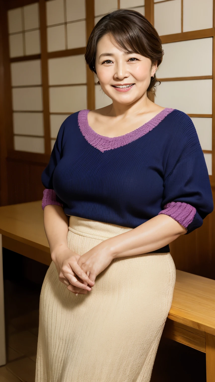 Aunt in Osaka、Organic Photography、best quality、masterpiece、Ultra-high resolution、Beautiful old lady、50 years old、Looking at the audience、Elegant face、Toothy Smile、Large Breasts，Wear a tight T-shirt，skirt、Hair Bunch、Hot Pants,In the empty tunnel，Graffiti Tunnel，Background blur