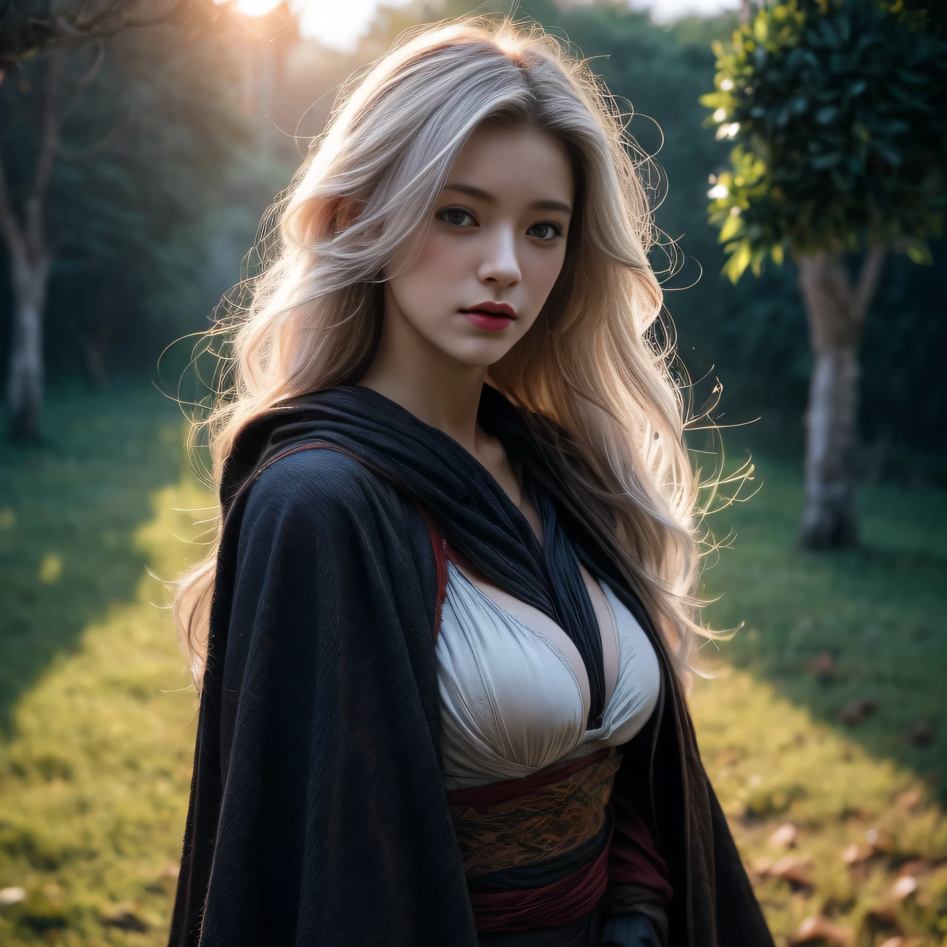photorealistic, masterpiece, photorealistic, high resolution, soft light, hips up, blue eyes, white hair, long hair, Intricate details EABA, cloaks, short steel claws, Royal Poet, Armor, dandy, big breasts, floating cloak in wind, sunrise