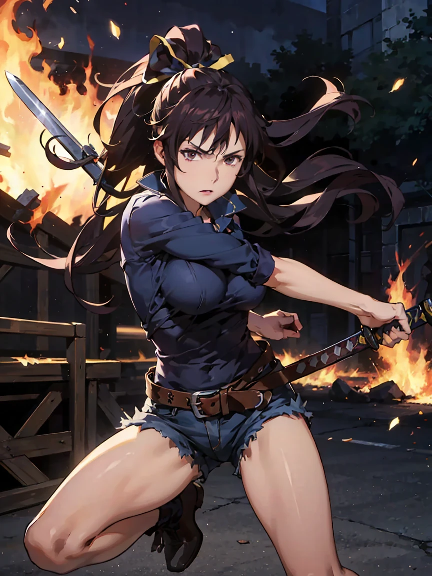 God breaks the fire 、jeans、long hair、ponytail、big breasts、Official Anime Art、dynamic gesture、holding a sword, One side short pants, one side long
