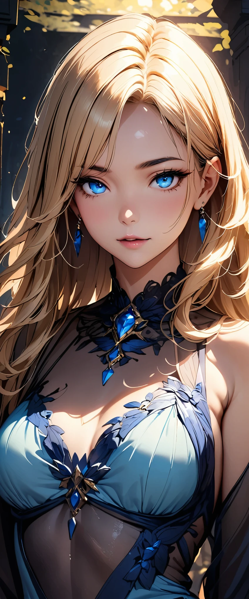 blonde woman blue eyes in the garden with natural breasts