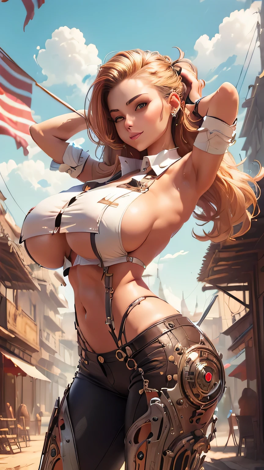 Woman with cybernetic body parts, shorts, (((huge breasts: 1.2))), beautiful face, masterpiece, stylish hairstyle, (Model pose, from front), ((flag background)), ((looking at viewers, facing the viewers)), slim body, (((slim waist))), beautiful face, bare navel, blonde, (((long hair))), (((ultra detail face))), 
BREAK
(((masterpiece))), hd picture, outdoor scenery, sky, clouds, (womb tattoo), standing, (spread legs), smile, (plain white top, black bottom), (wide hips), ((arms up, hands behind head))
BREAK
(((sideboob, boob curtains: 1.2)))
BREAK
(((unbuttoned bottom)))