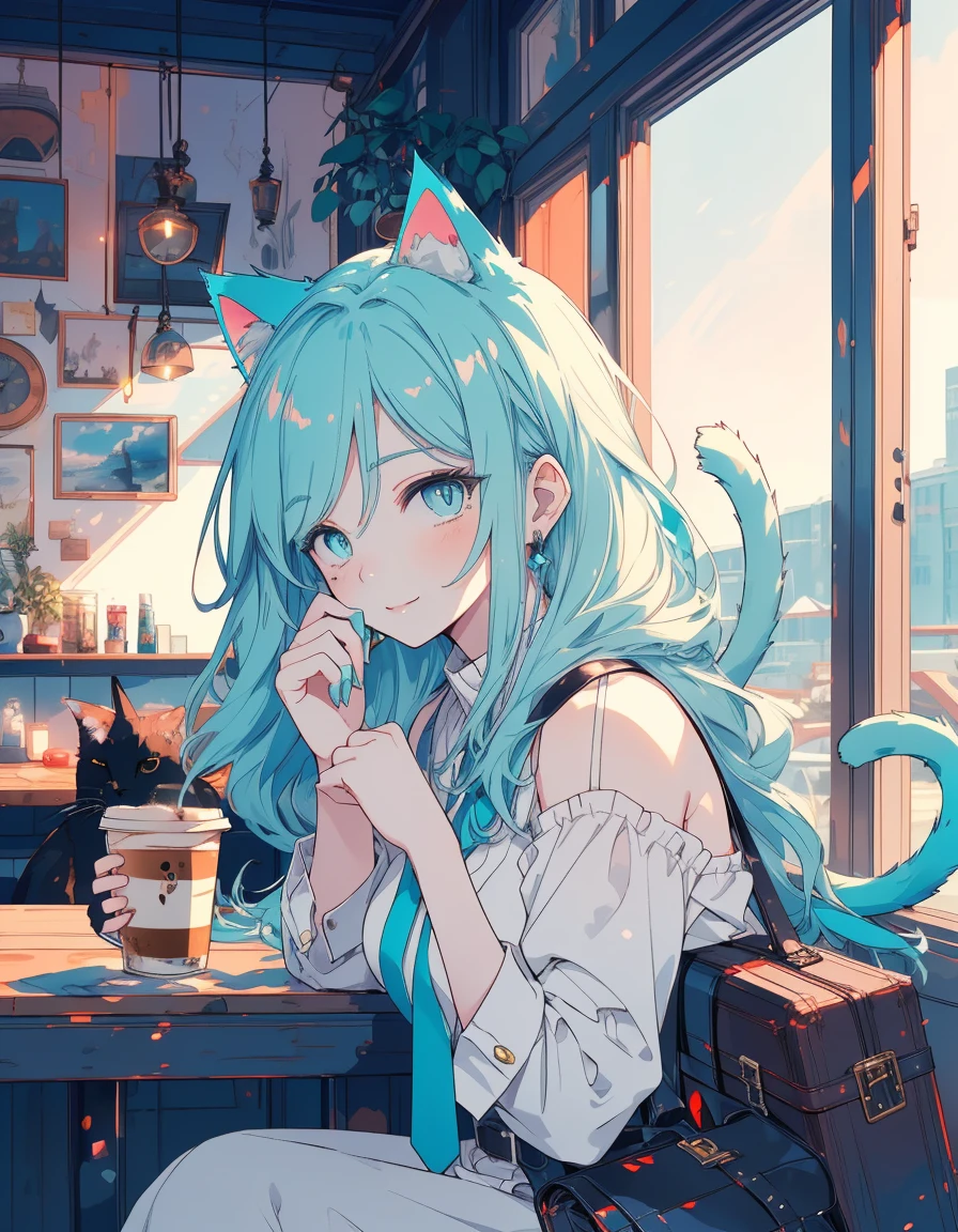 cafe, sunset, writing, thinking, ((masterpiece, best quality:1.5)), ((Beautiful detailed cat aqua eyes:1.2)), cat ears, pale skin, medium breasts, beautiful hands, beautiful fingers, EasyNegative