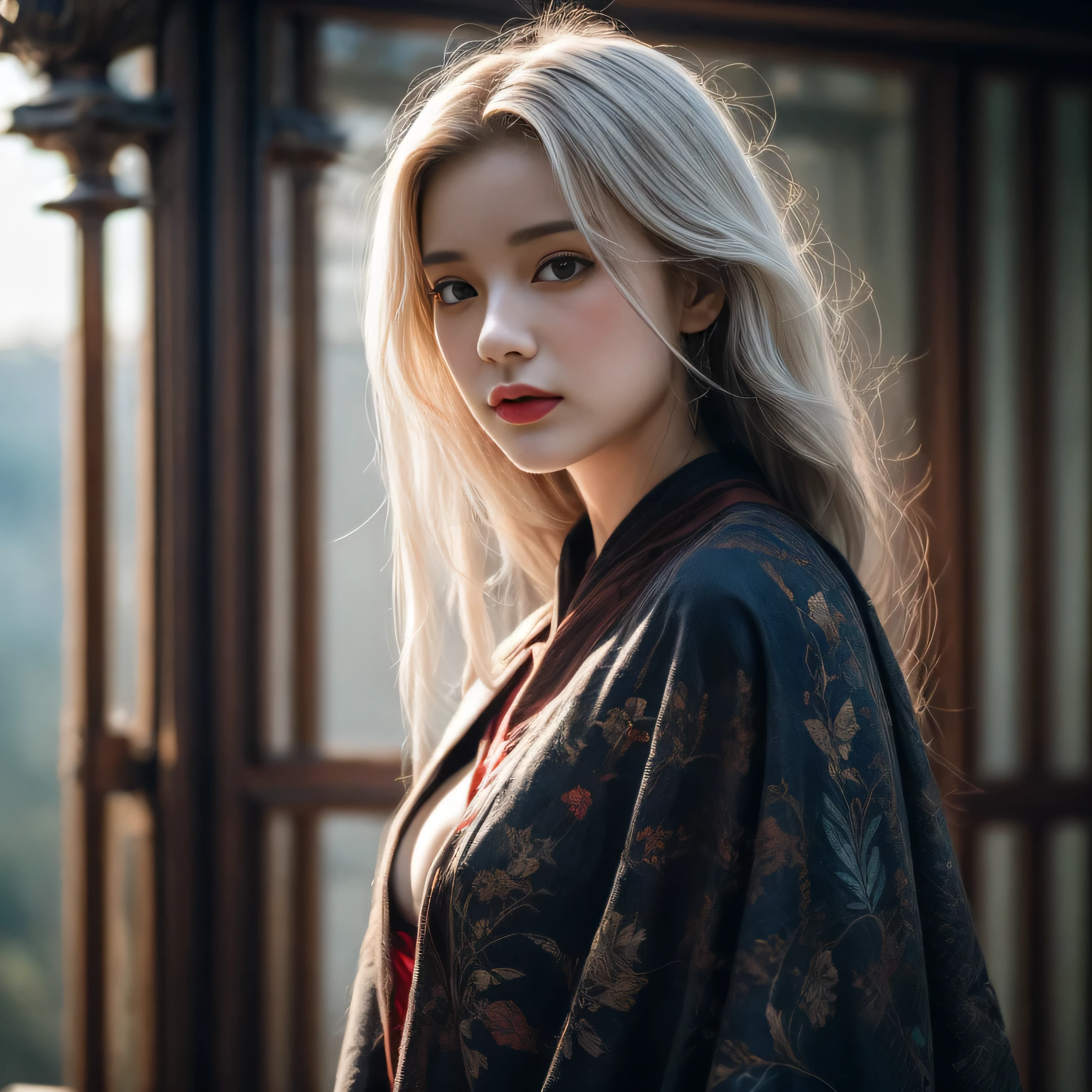 photorealistic, masterpiece, photorealistic, high resolution, soft light, hips up, blue eyes, white hair, long hair, Intricate details EABA, cloaks, short steel fan, Royal Poet, Hanfu, dandy, big breasts, floating cloak in the wind, sunrise