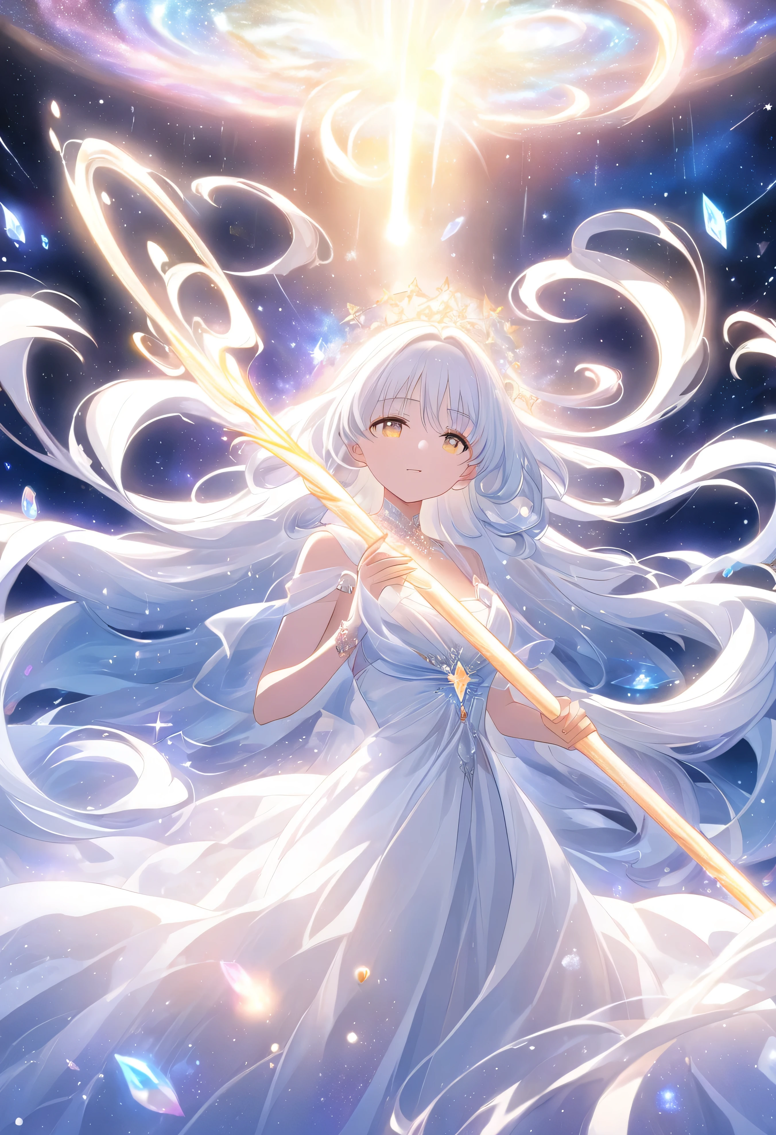 divine anime-style goddess with long luminous white hair, her gown is adorned with tiny stars and moons, she holds a glowing staff that radiates celestial energy, her expression is calm and otherworldly, the background features swirling galaxies and a sea of stars, she is surrounded by floating, glowing crystals that pulse with light, the scene has a soft, ethereal glow