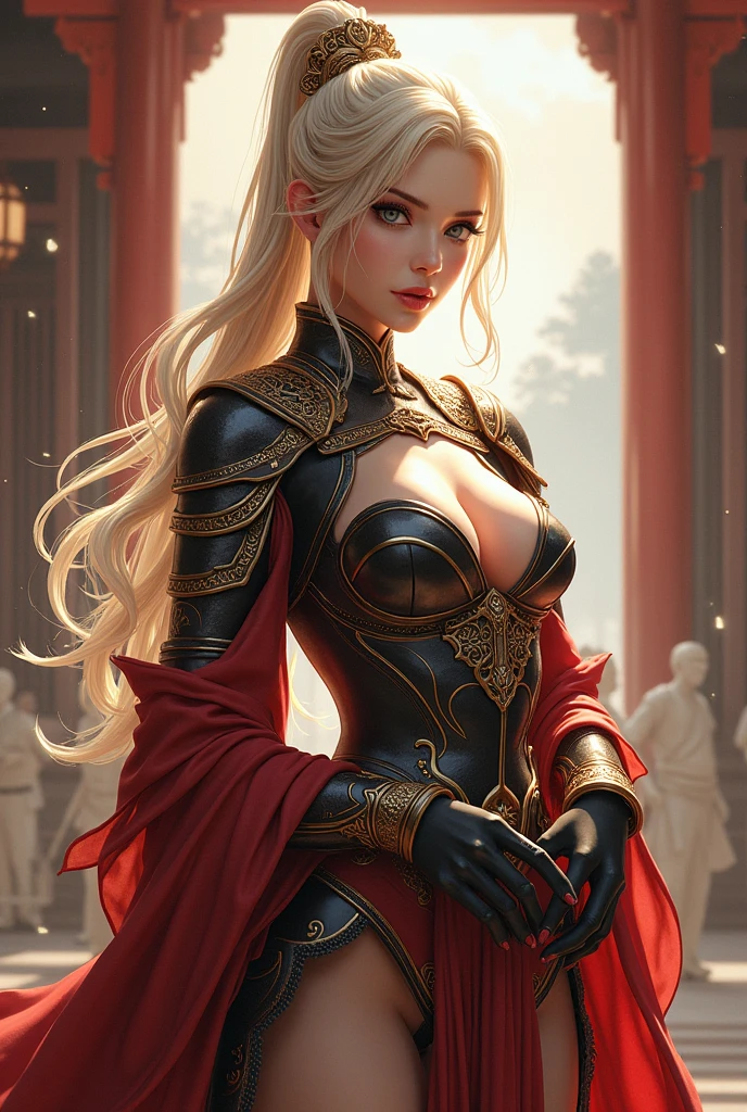 One Girl, 19 years old, alone, Long Hair, View Viewer, Sensual Body、rich blonde hair,Big eyes、Blue Eyes、Small Nose、Long ears、Sensual lips with red lipstick、Hot cheeks、Sensual Body、Late Renaissance, richly carved silver plate armor、Too big breasts、Chest protruding from armor、Curved waist、Big Ass、