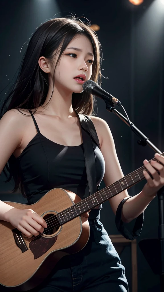 A very cute girl like an idol, Portraiture, Completely naked,guitar, Full body portrait,Natural light,  Accurate,  Anatomically correct,  Textured skin,  front lighting,  f/1.0mm,  fujifilm G FX 50R,  Regina Display,  Super Detail,  細部まinこだわった,  high quality,  最high quality,  High resolution, 1080p,  hard disk,  4K,  8k,  Wavy Hair,  guitarヒロイン, Let's Rock, Completely naked,Solo singer,(look up_in_Audience:1.2),