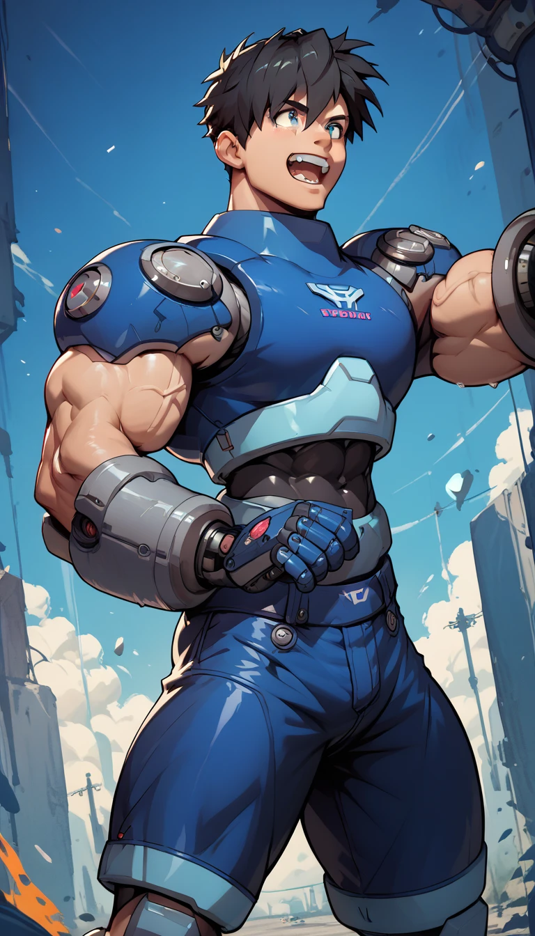 Shorts,Anatomically correct, (((8k resolution))),Bodybuilder-like muscles,Black shirt,Huge muscles,A roar of strength,cyborg,m3g4m4n,Blue Armor,Black Hair,