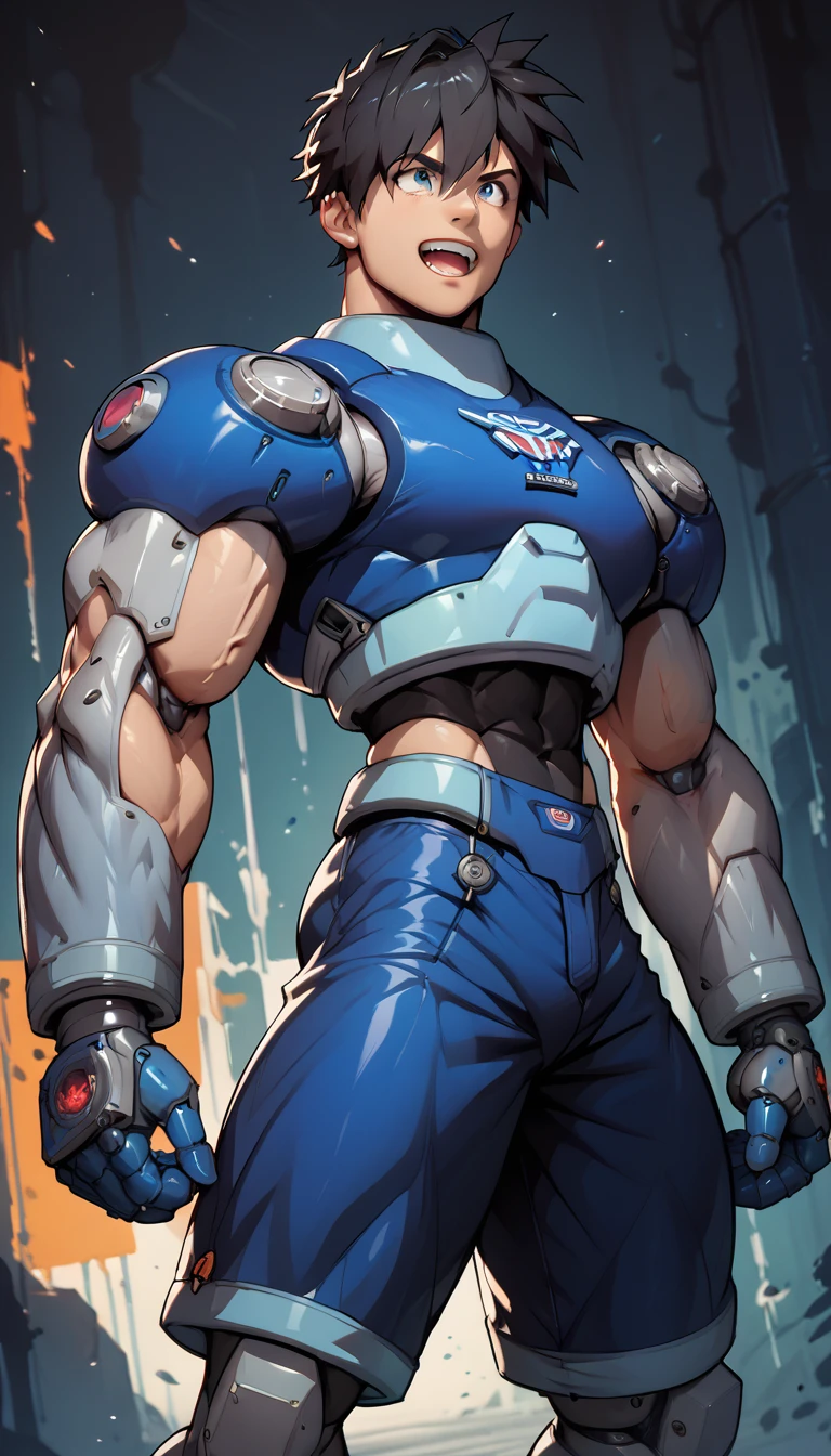 Shorts,Anatomically correct, (((8k resolution))),Bodybuilder-like muscles,Black shirt,Huge muscles,A roar of strength,cyborg,m3g4m4n,Blue Armor,Black Hair,