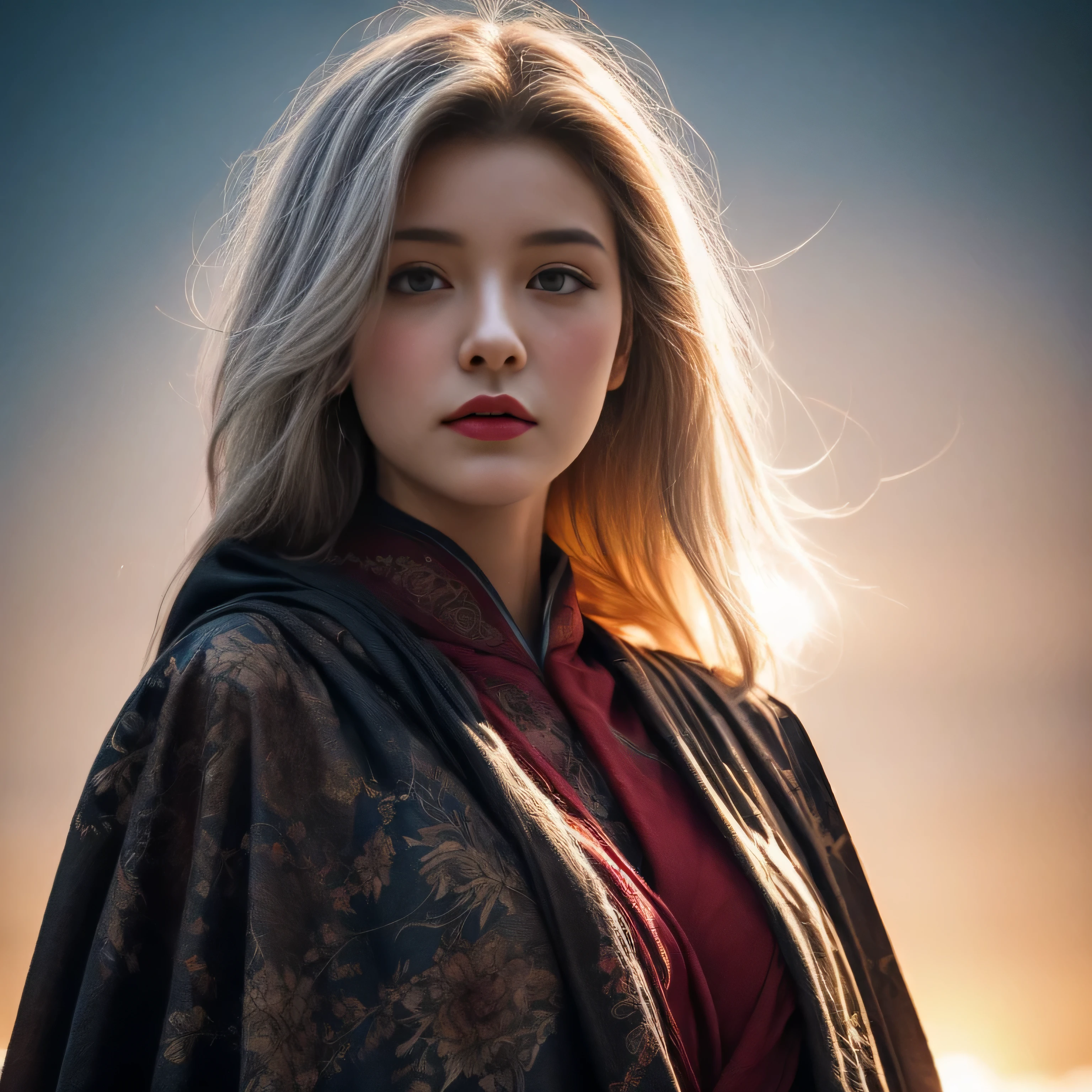 photorealistic, masterpiece, photorealistic, high resolution, soft light, hips up, blue eyes, white hair, long hair, Intricate details EABA, cloaks, short steel fan, Royal Poet, Hanfu, dandy, big breasts, floating cloak in the wind, sunrise