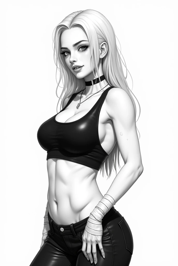 a 22 year old girl, sketch, skinny, tiny, t shirt, black and white, cute body, detailed features, cleavage, vintage style, high contrast lighting, cute eyes, long hair,(best quality,4k,8k,highres,masterpiece:1.2),ultra-detailed,(realistic,photorealistic,photo-realistic:1.37),vintage,monochrome,intense gaze,dramatic lighting,rugged background,distressed paper texture,retro vibes,id photo,front view, beautiful shadows and lights