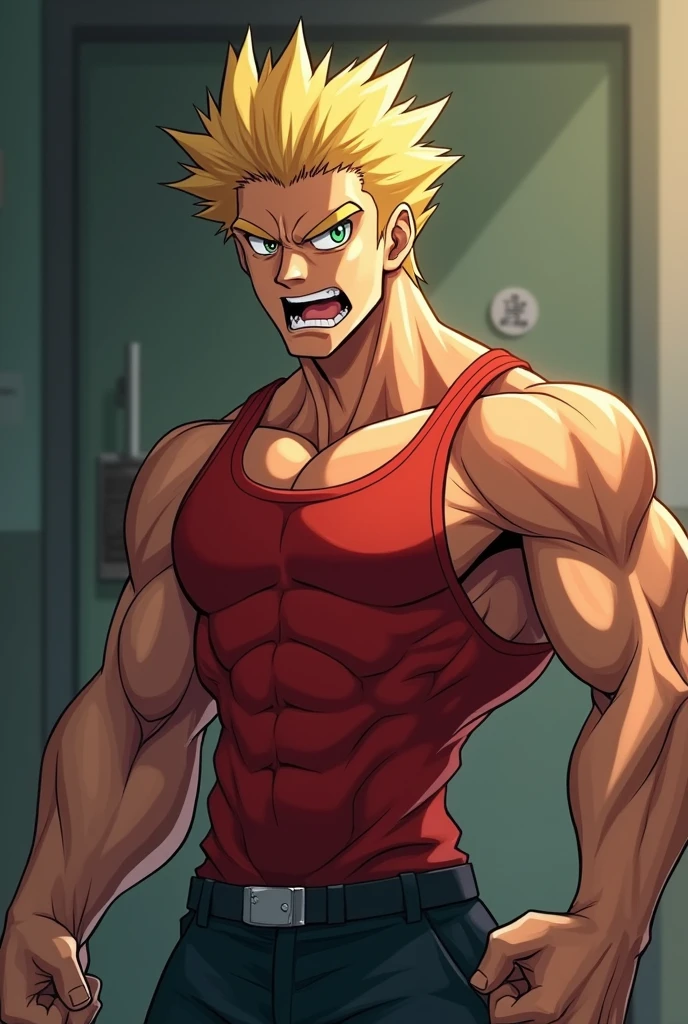 (anime style art, extremely masculine muscular character,muscular,bodybuilder, huge bulge, sexy, smirk, erotic, 8 pack abs, 1boy,adult,solo, masterpiece, best quality,4k, Main, pink hair, superhero