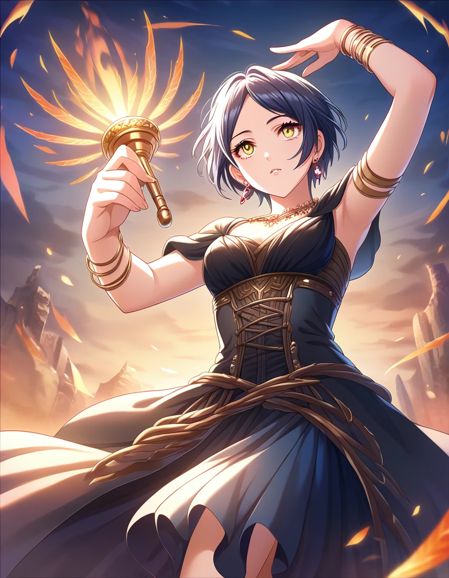 score_9, score_8_wonderful, score_7_wonderful, sauce_anime,
One person, Beautiful woman,  Sensitive，high quality,Pose with your hands,Demon World，witch，darkness，Darkness，Magic wand，black magic，Pose with your hands，Skirt with slits，
  short hair, Blue Hair, Parted bangs, Center of chest, Yellow Eyes,Eyes glow red，cool，Looking up from below，(witchの帽子，)attacking with magic，
 Detailed eyes, eyelash, eyeliner, jewelry, necklace, bracelet, Earrings，