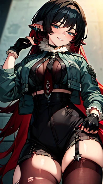 High resolution, masterpiece, Very detailed, Textured skin, jane doe \(zenless zone zero\),One girl, solo,Long Hair, Piercing in left ear,Light blush, A smile that seems to be plotting something,Puffy eyes,(Light blue eyes),Uplifting, ruins,Torn pantyhose,Black innerwear,Military jacket,black and red tie,Garter belt on left leg,Black shorts,Lying down,Black perforated gloves,Red Nails