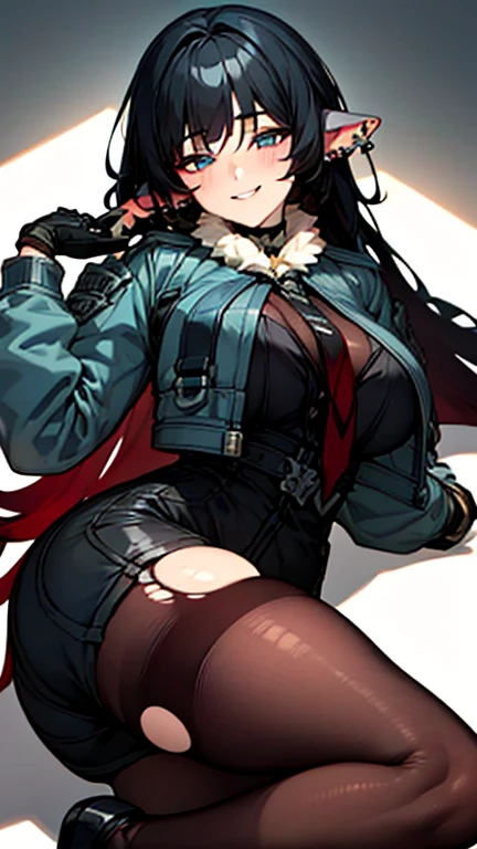 High resolution, masterpiece, Very detailed, Textured skin, jane doe \(zenless zone zero\),One girl, solo,Long Hair, Piercing in left ear,Light blush, A smile that seems to be plotting something,Puffy eyes,(Light blue eyes),Uplifting, ruins,Torn pantyhose,Black innerwear,Military jacket,black and red tie,Garter belt on left leg,Black shorts,Lying down,Black perforated gloves,Red Nails