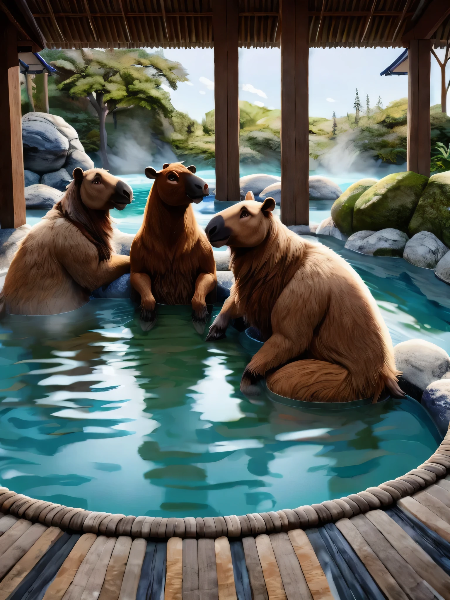 ((8k, Best Quality, Masterpiece: 1.3)), Ultra High Resolution, ( animal), Highly Detailed Eyes, Highly Detailed Face,Capybara is、A large rodent that lives in the waters of South America.、Characterized by a gentle and friendly personality。The short brown fur and round body make it adorable.、Mainly herbivorous、You can see them relaxing in groups.。They are also known to have the habit of bathing in hot springs.、That image brings healing to many people.。