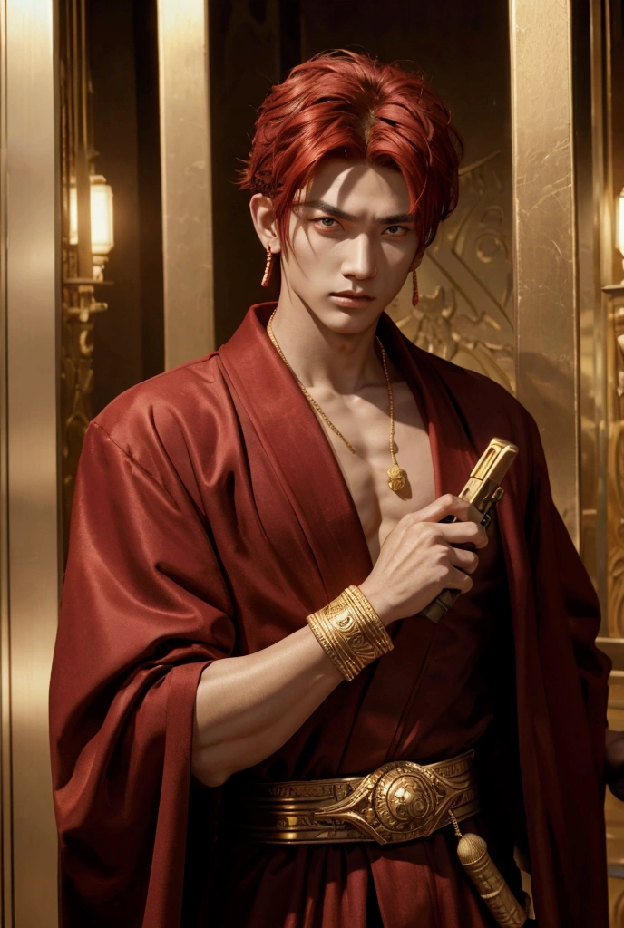 Handsome guy, 25 years old, Asian, master work, best picture quality, higher quality, high detail, super high resolution, (realistic: 1.4) 8k resolution, delicate facial features, boys, big muscles, tattoos, glowing eyes, short hair, gray hair, hair details, (full body: 0.6), detailed background , [[Look away, look to the side, emphasize homosexuality and pay attention to every detail , Open Hanfu transparent tulle jacket, naked chest, naked abs, white rubber pants, (crotch bulge), , Fa gong, Chinese kung fu, fingerless gloves, Wristbands, dragon themed costumes, monk robes, dynamic composition,,, wood, wood background, very much wood, wood around the body, dead wood, lots of branches background, Chinese wood carving, wood carving modeling crafts, holding wood carving magic vessels, night