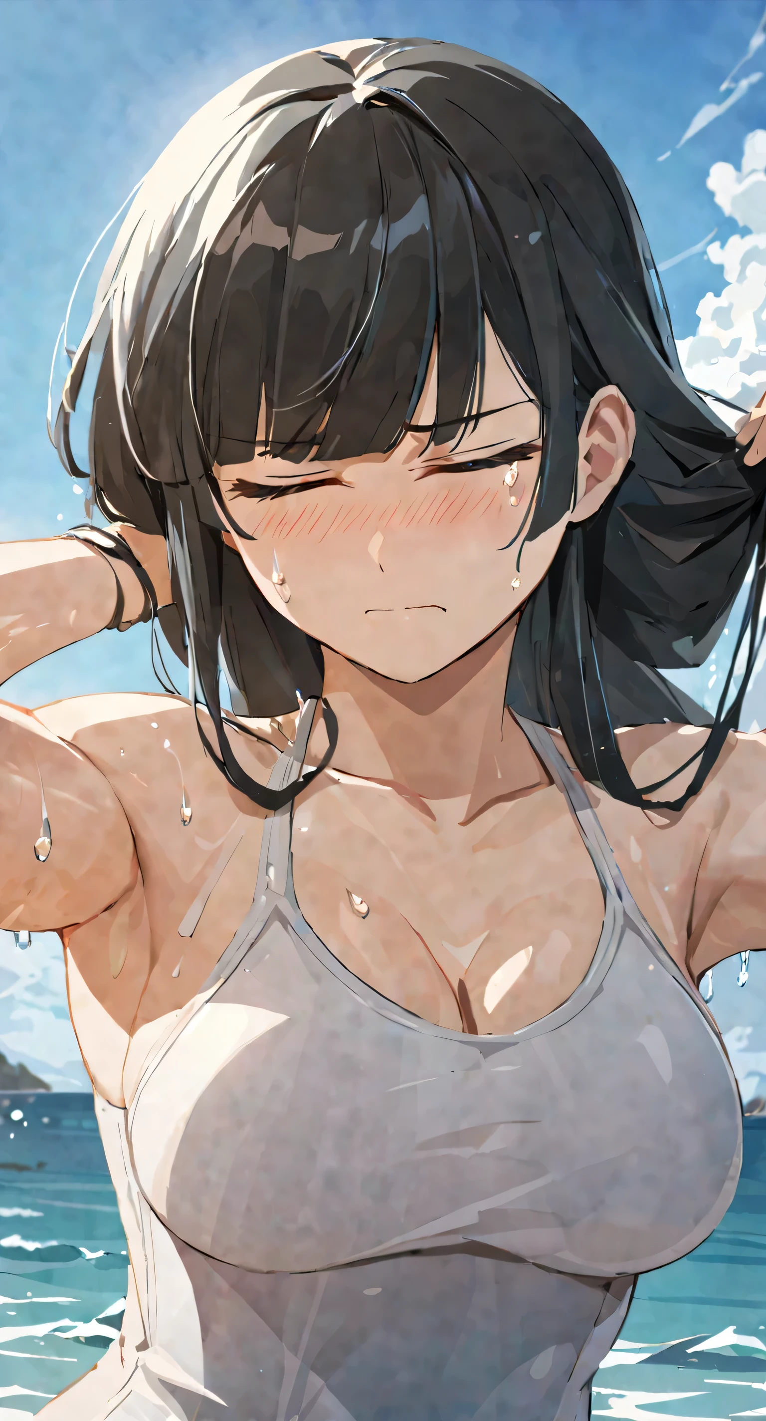 masterpiece,best quality, solo, eda, bangs, black hair, upper body,blue sky,cloud, shy expression, medium breast, hot, thicc, swimsuit , ocean, water, she is tying her hair, she is shy, embarrassed , she is embarrassed, dynamic pose, close shot, upper body, chubby, dynamic pose, trying hard, serious face, her chest is getting bigger, trying hard, almost crying, closed eyes