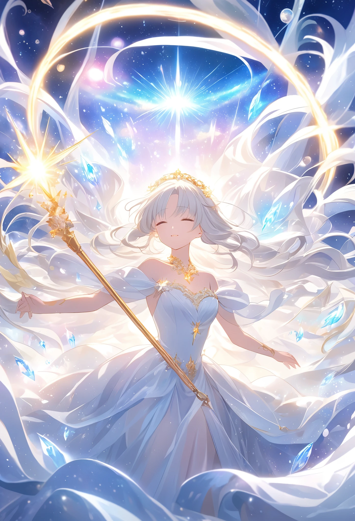 divine anime-style goddess with long luminous white hair, her gown is adorned with tiny stars and moons, she holds a glowing staff that radiates celestial energy, her expression is calm and otherworldly, the background features swirling galaxies and a sea of stars, she is surrounded by floating, glowing crystals that pulse with light, the scene has a soft, ethereal glow