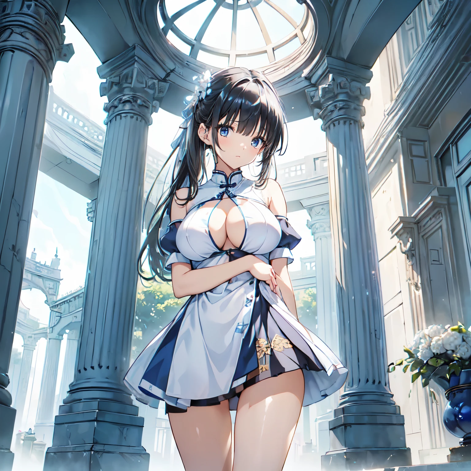 (light blue)(china dress), (short height)(young girl), (huge round breasts)(big boobs), narrow waist, belly button, narrow hips, (bare hips), (thin legs)(bare legs), (narrow thighs), (narrow white thong), (shiny black hair), (metallic hair ornament),  oriental building, marble pillar, (Highly Detailed CG Unity 8K Wallpaper) (Better Quality) (Better lighting), an14