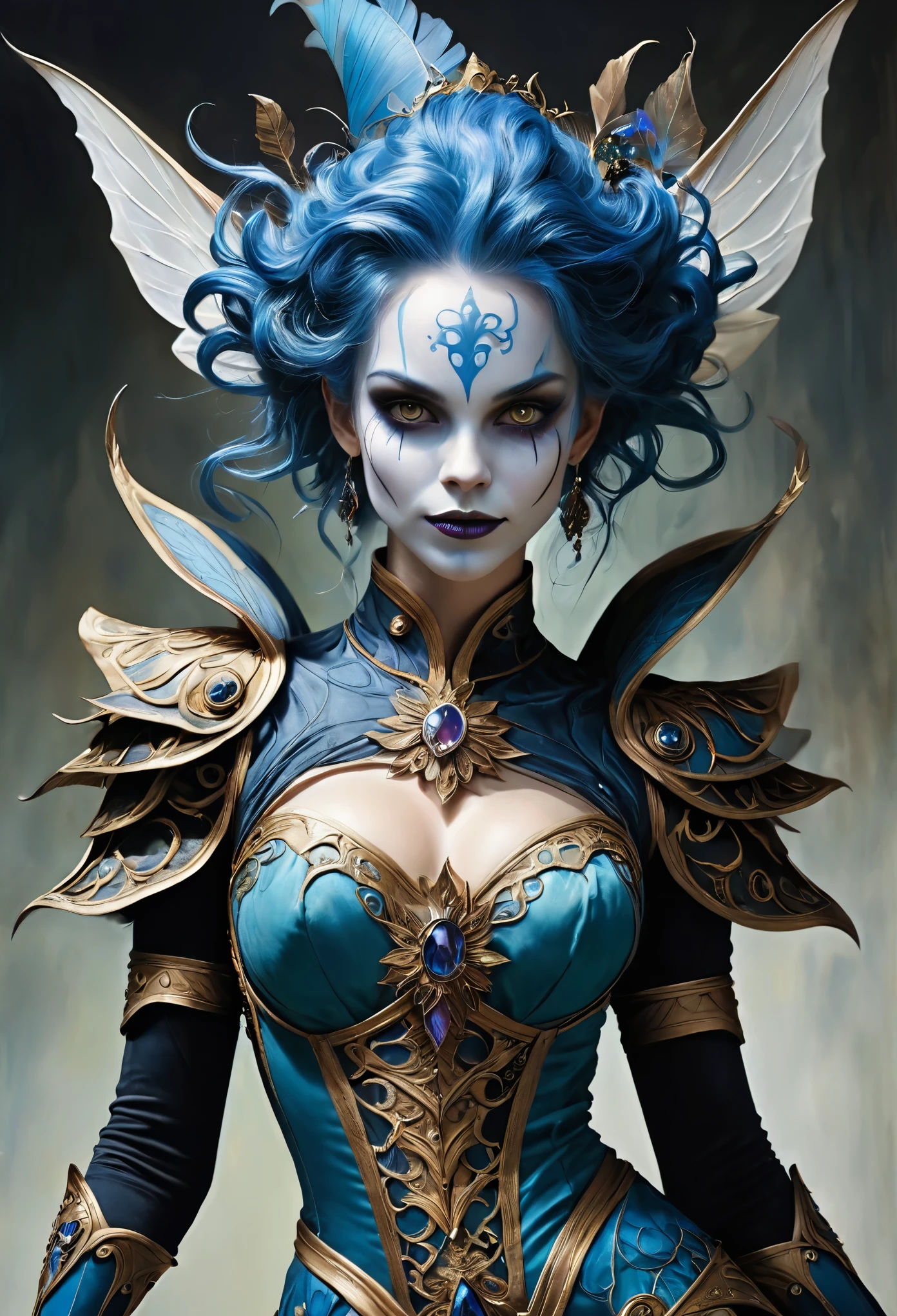 A surge of art, deep blue ink art, Detailed painting, charming sweet woman, with blue hair, crazy evil smile, Dark Fantasy, surrealistic atmosphere, Luminous, UHD, dark vivid colors, In the style of Tim Burton, magic, Digital illustration, luminism, rim lighting