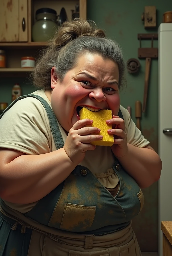 A grainy analog photograph captures a grotesque horror scene. The image features an unsettling bald woman with an exaggerated, toothless grin, bald head, and decayed yellow teeth. Her round cheeks and obese body-shape(with broad shoulders), Mouth filled of vomit. She take a bath of slime, messy and ugly bathroom Instant polaroid photograph captures a grotesque horror scene. The image features an unsettling woman with an exaggerated, toothless grin, bald head, and decayed yellow teeth. Her clothes are covered in a thick, neon-slimy substance, highlight a lack of self-care. in a dimly lit, old, and decrepit bathroom(with a sense of foreboding and dread, the walls are covered in mold, mildew, and slime, the floor is dirty and stained, with a thick layer of grime and dirt, the sink is clogged, and the water is overflowing with a putrid, greenish-brown liquid, the air is thick with the stench of rot and decay, and the atmosphere is heavy with the feeling of unease and terror), (no humans), mirror, indoors, cursed, This individual, of substantial size and presence, is dressed in a thoughtfully selected Denim overalls(iover-oversized, size XXXL)-.full belly that is gently accentuated by the tailored fit of the relaxed Denim overalls. covered in a thick, neon-slimy substance, highlight a lack of self-care. Eating a slice of pizza. Saliva drooping, Slime, and drinking a Coca cola DIETsoda. grainy analog and (Lomography style:1.2) photo, Merger_viluna_yasash, grain, noise, (lomography and wet-plate:1.1), grainy lomography,
