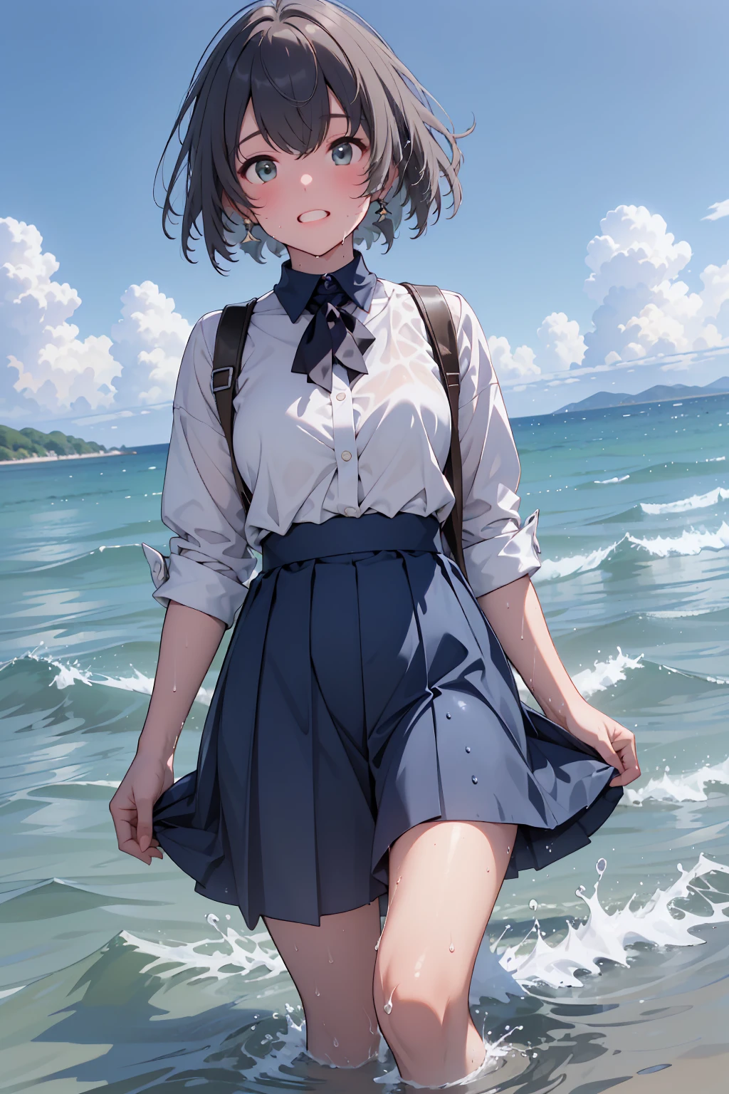 (8k, Ultra-high resolution, super high quality, masterpiece), One girl, cute, Ocean, Wavy, soaked, shirt, blouse, ribbon, Gothic Skirt, navy blue, Long skirt, Lots of water all over the body, splash, Soaking wet, Submersion, Lots of water, Standing in water, 