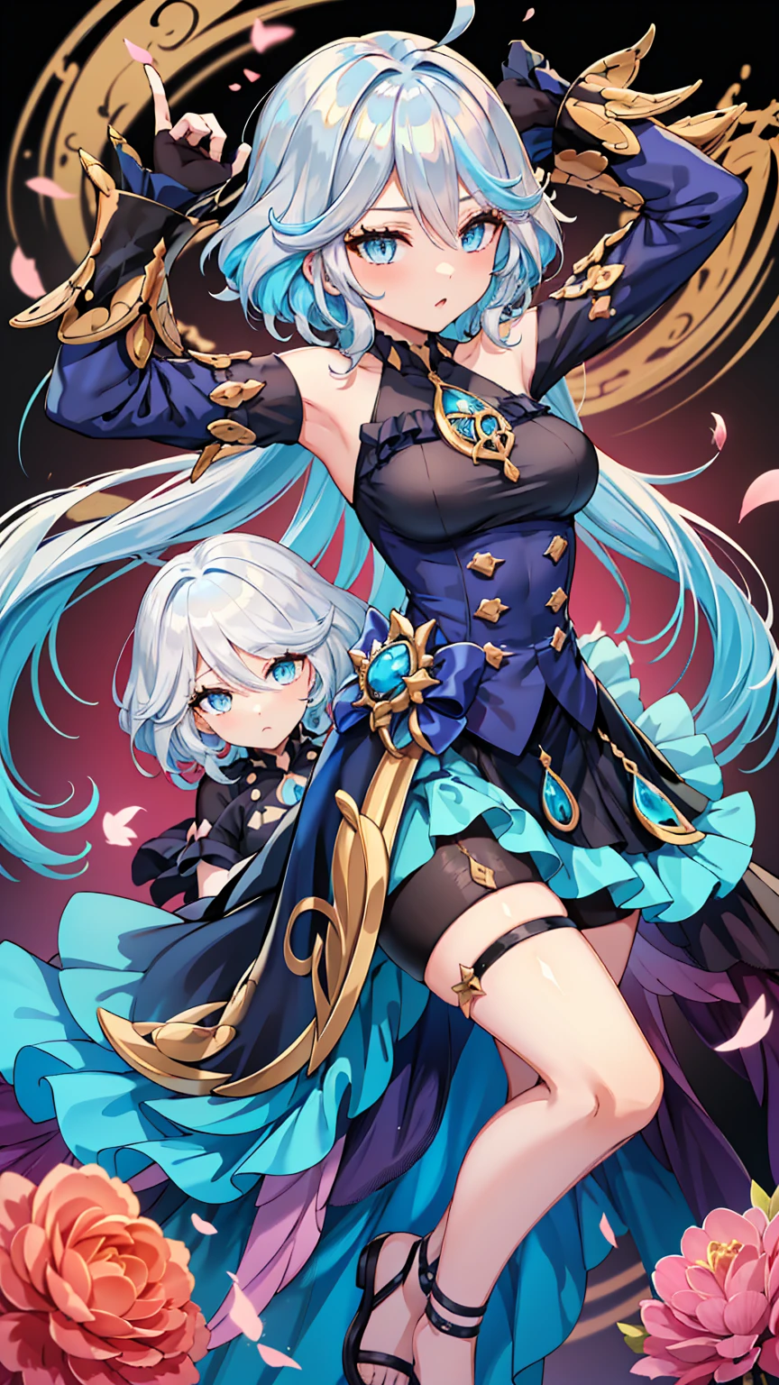 masterpiece,best quality,best resolusion,1 girl,detailed,2heads:2.5,Furina character,short white hair with a little blue mixed in,blue eyes,wearing a blue magician's hat,wearing blue long-sleeved clothes with white on the chest,normal breasts,wearing long blue socks,cute surprised facial expression,beautiful face,beautiful hair,beautiful eyes,beautiful body,beautiful hand,simple background,two heads one body,Conjoined twins