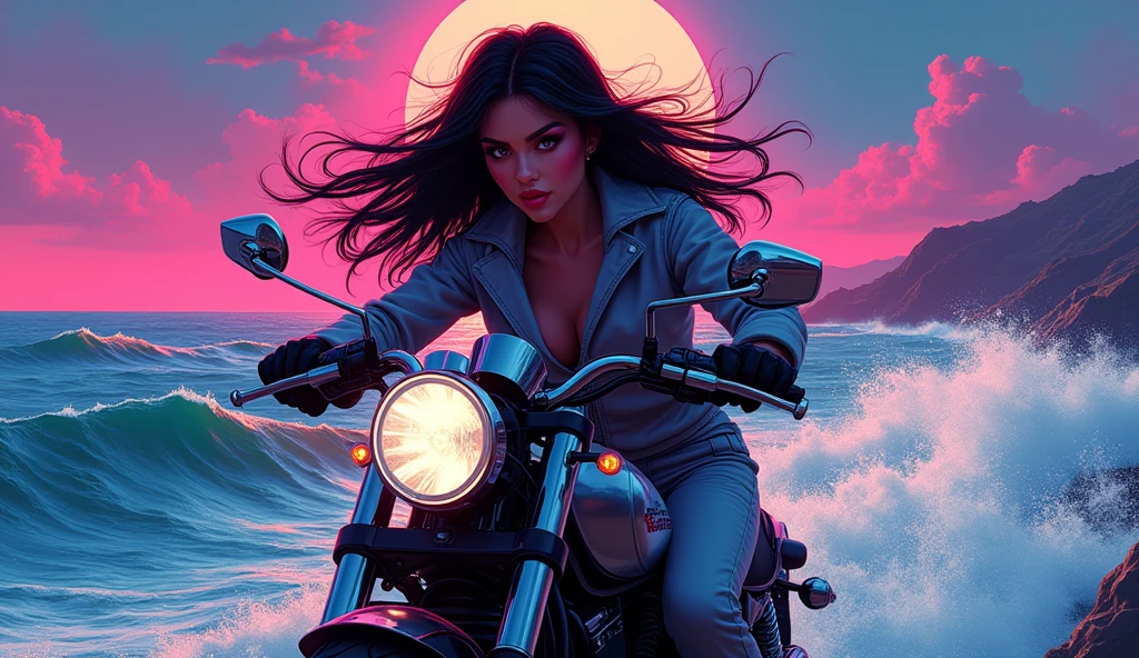 Girl on a motorcycle、Highway、long hair flowing with the wind、Bikini