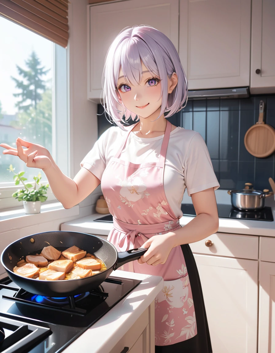 masterpiece, glowing particles, ambient lights, cute, 8K, hdr, high details, perfect lighting, perfect anatomy, BREAK (shiny silver hair), (bob cut, bang between eyes, beautiful hair), (glossy silver eyes:1.5), (beautiful eyes, twinkle eyes, large eyes), (athlete body, large breasts), cute face, beautiful face, pretty face, beautiful, best quality, good anatomy, long eyelashes, expressive eyes, Perfect Hands, perfecteyes,  BREAK pink botanical print apron, white shirt, short sleeves, black skirt, morning, kitchen, happy, smile, BREAK There is a frying pan on the ignited stove, and the girl is holding the only handle attached to the frying pan with her left hand and A large amount of chicken breast and a large amount of onion slices cut into square pieces of 1 cm square are fried in a frying pan, 