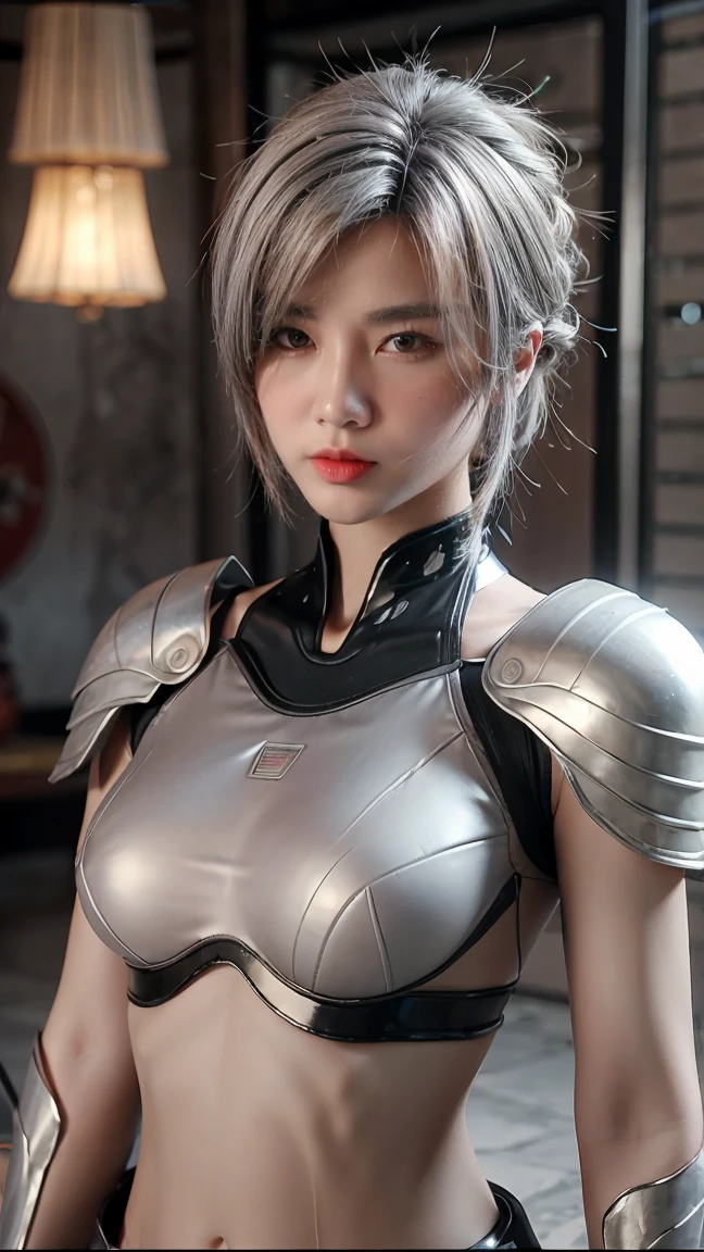 topless, masterpiece, Game Art, Best image quality, Highest Resolution, 8k, Unreal Engine 5 rendering work, (Digital photography), 1 girl, Short Hair Details, Long Bangs, (Detailed red eye makeup),(Grayish-gray hair length: 1.4),(Large and full breasts),Elegant and noble,Brave and attractive, (Futuristic armor combines features of ancient Chinese armor, Hollow Design, Power Armor, Mystical Eastern Runes, Delicate clothing patterns, Magic Flash ) , Soldier of the Future, cyberpunk figures, war background, Cinema Lighting, Ray Tracing, Game CG,((3d unreal engine)), OC Rendering Reflection Pattern