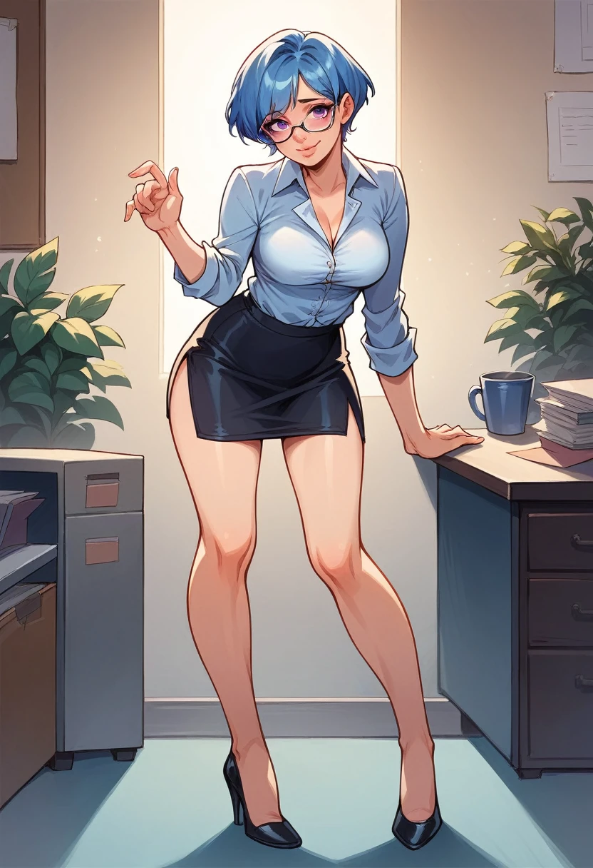 White skin woman, huge big boobs, adult, blue semi-short hair, blue hair, purple eyes, sexy, soft light, facial details, Seen from face , standing up, With a small tight white half-open shirt and a short black skirt,  Thin-spoke glasses on the nose ,with heeled shoes, shy smiling, light pink lips, in an office, fingers    --Realistic Style-Imagination