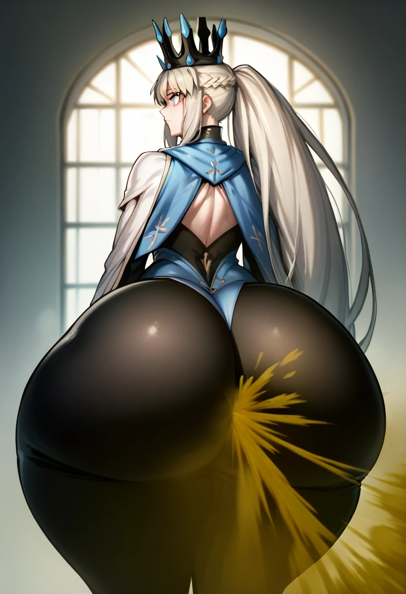 Highest quality, masterpiece, High Resolution, 1 girl, long hair, grey hair, blue eyes, very long hair, ponytail, Split ponytail, french braid, Crown, spiked collar, black bodysuit, Ass, hyper Ass, huge Ass, big ass, wide hip, fart, farting, yellow_smoke, yellow_gas, sprays, ass focus,