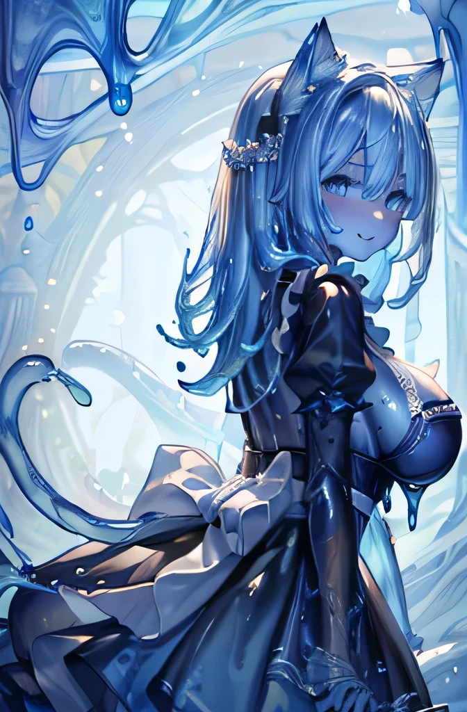 ruined castle,fog,miasma,Slime Girl,slime body,melting body,(Transparent body,Translucent body:1.6),(Vulgar smile,Ridicule,grin,Smirk,smug:1.2),nude,Full body layout,Glowing eyes,tiara,see through dress,princess,core in chest