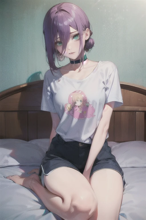 (Highest quality)、(Highest quality)、cut、Chainsaw Man、cute、(choker).eyes are emerald、Her hair is purple、Short Bob、beautiful　whole body、detailed、強力なdetailed、cut、((bed)).((Shorts)).