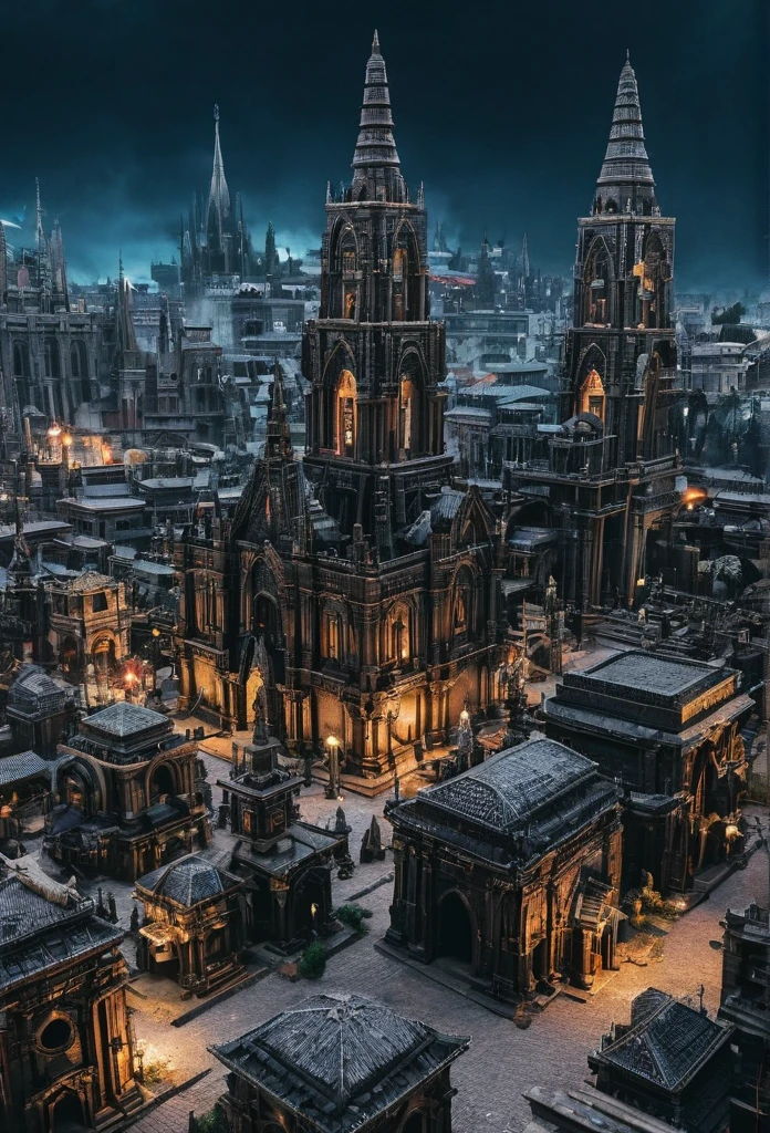 A photo of a gotic diesel punk city landscape,a landscape of a gotic Temple city, a city full of temples and churcies, sacres architectures,sacres templars statues and buildings, a adeptus ministrorum buildings, ecclesiarchia world,tomba world, Temple world,Hidetaka Miyazaki, Warhammer 40k,an imponent gotic diesel punk Temple city, a Temples valley, cyber fantasy goth punk,eerye and sacral athmosphere,opulent city, bloodborne,carcosa city,Kazuhiro Hamatani,,4k, realistic, analog style, film grain, 35mm,ultra