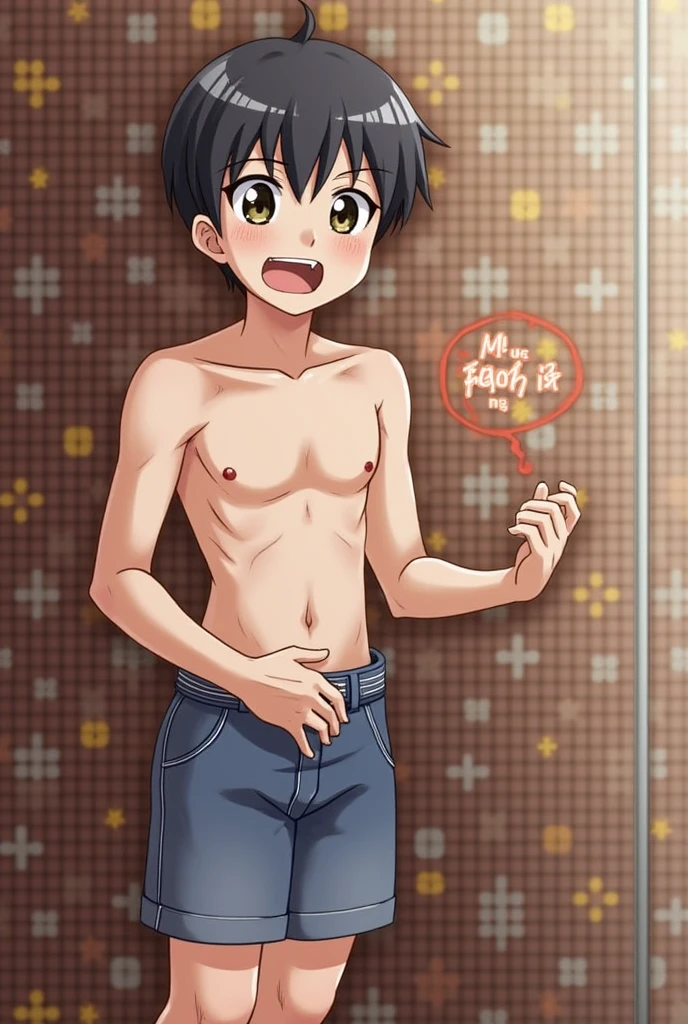 kyoutarou_ichikawa,blue eyes,hair over one eye,brown hair, penis、barechested、Thrusting your hips back、opening legs、shoun、male child、perspiring、cowboy shot、public bath locker room、I'm surprised、One hand stretched out in front of you