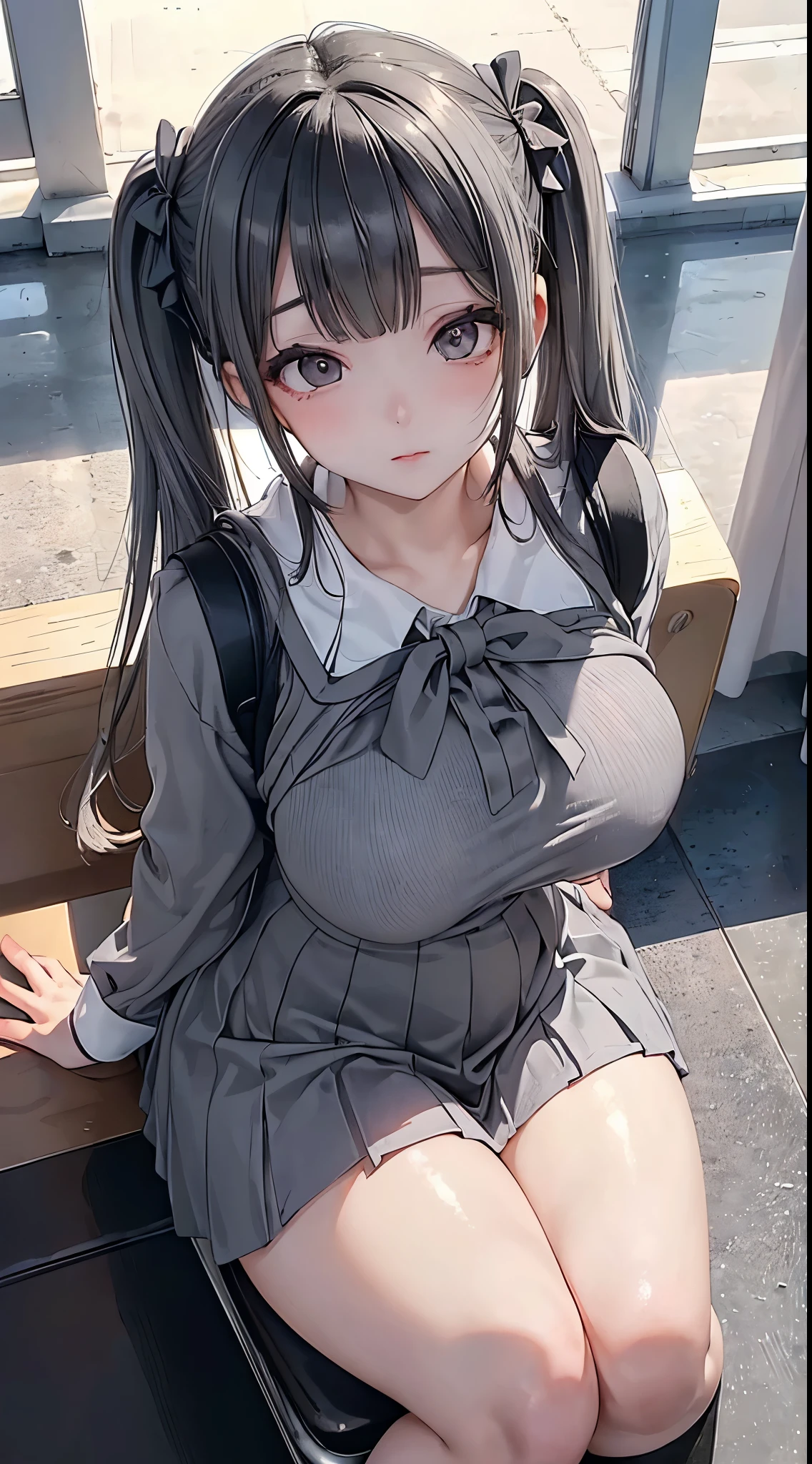 masterpiece, 最high quality, high quality, High resolution, high qualityの質感, high qualityの影, Attention to detail, Realistic, (Black hair twin tails:1.3), Side lighting, Lens flare, Ray Tracing, Sharp focus, (One girl, Low Shot , Sit on a chair, No expression, , Huge breasts , Thick thighs , school uniform , Grey Hair , Breast compression :1.3), (Intricate details, compensate, Pure Eros Face_v1:1.0 ),(Angle from below:1.3)