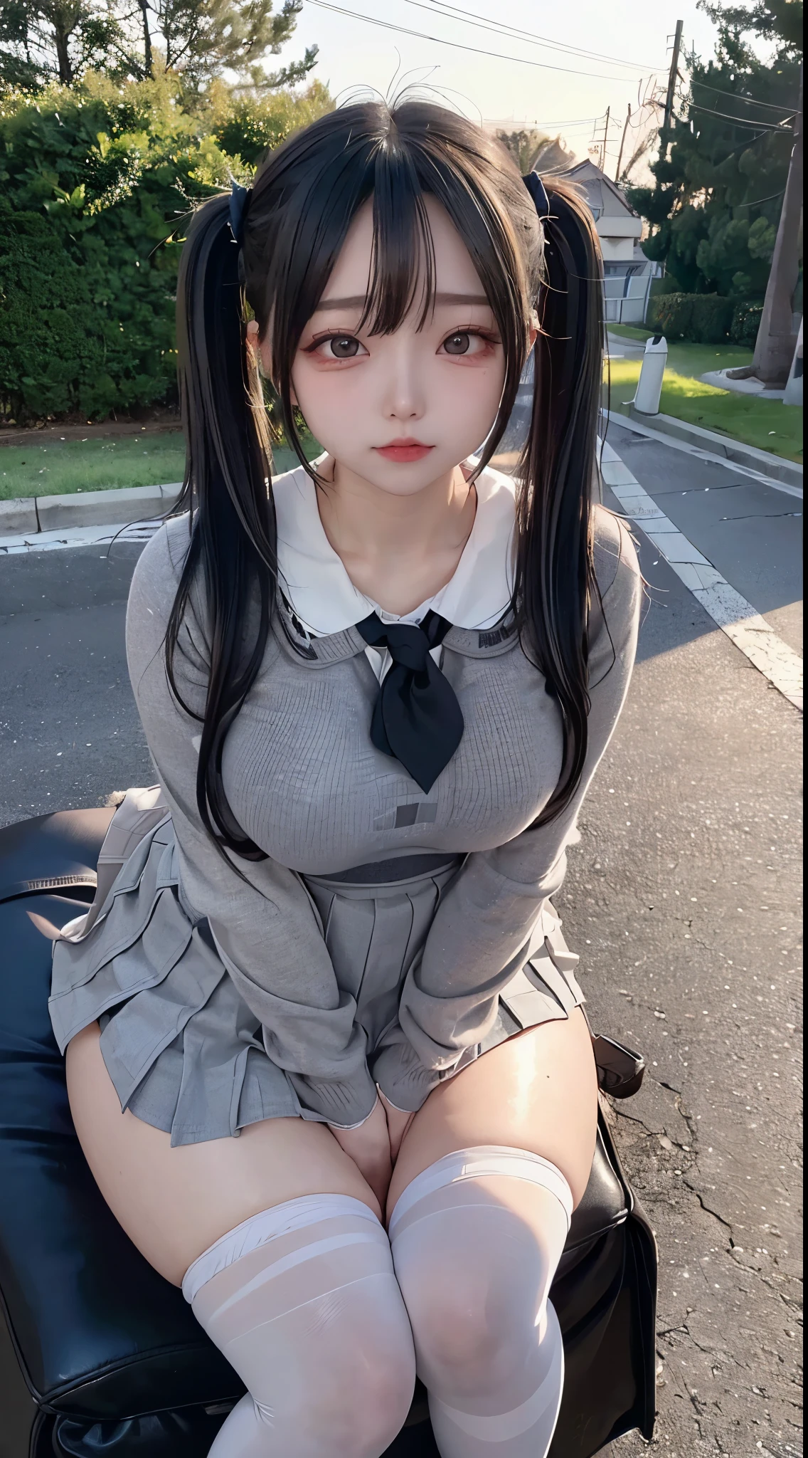 masterpiece, 最high quality, high quality, High resolution, high qualityの質感, high qualityの影, Attention to detail, Realistic, (Black hair twin tails:1.3), Side lighting, Lens flare, Ray Tracing, Sharp focus, (One girl, Low Shot , Sit on a chair, No expression, , Huge breasts , Thick thighs , school uniform , Grey Hair , Breast compression :1.3), (Intricate details, compensate, Pure Eros Face_v1:1.0 ),(Angle from below:1.3)