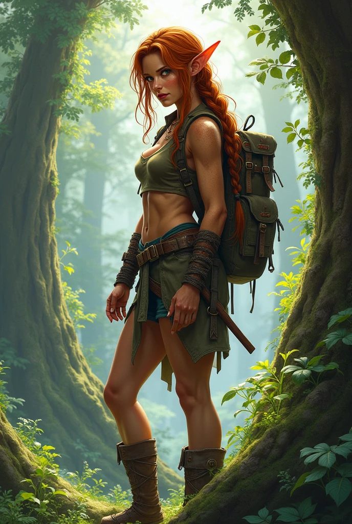 (best quality:1.2), (1 girl), green expressive eyes, perfect face, long red hair, naked, dark makeup, heavy make up, hiking, backpack, hiking boots, full body, forest, sunlight, vibrant colors, oil painting, photorealistic